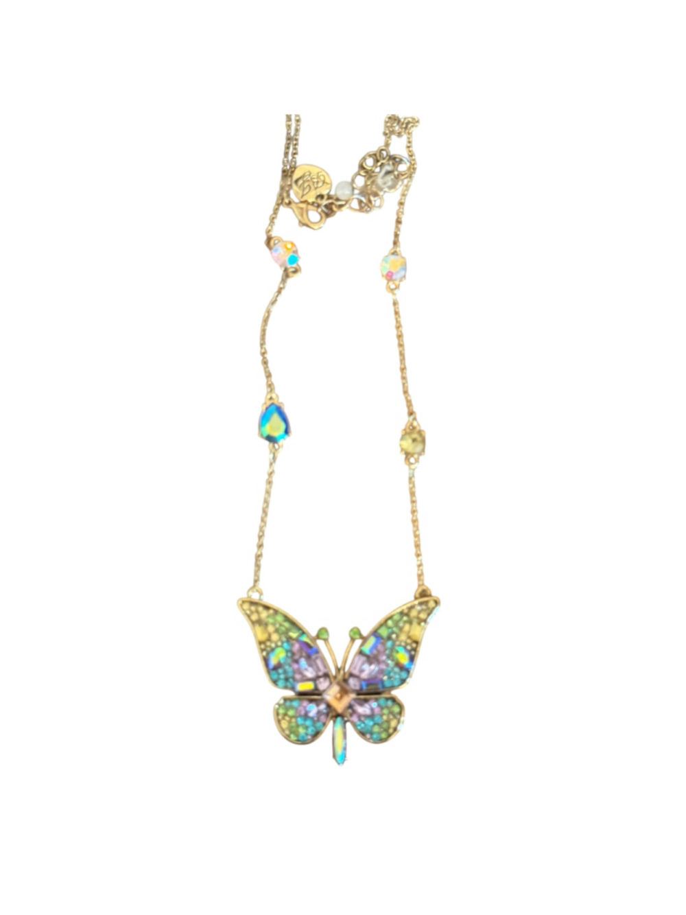 Betsey Johnson multicolor crystal inlay jeweled butterfly gold-tone necklace - Picture 2 of 7